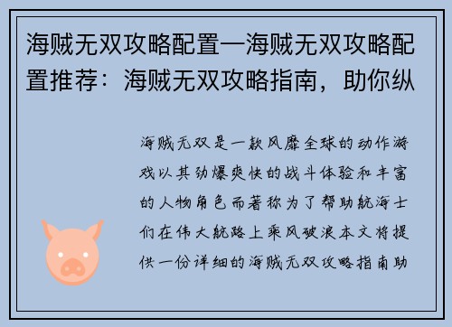 海贼无双攻略配置—海贼无双攻略配置推荐：海贼无双攻略指南，助你纵横伟大航路